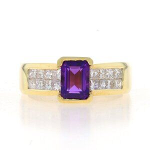 Yellow Gold Amethyst & Diamond Ring - 18k Emerald Cut 1.68ctw